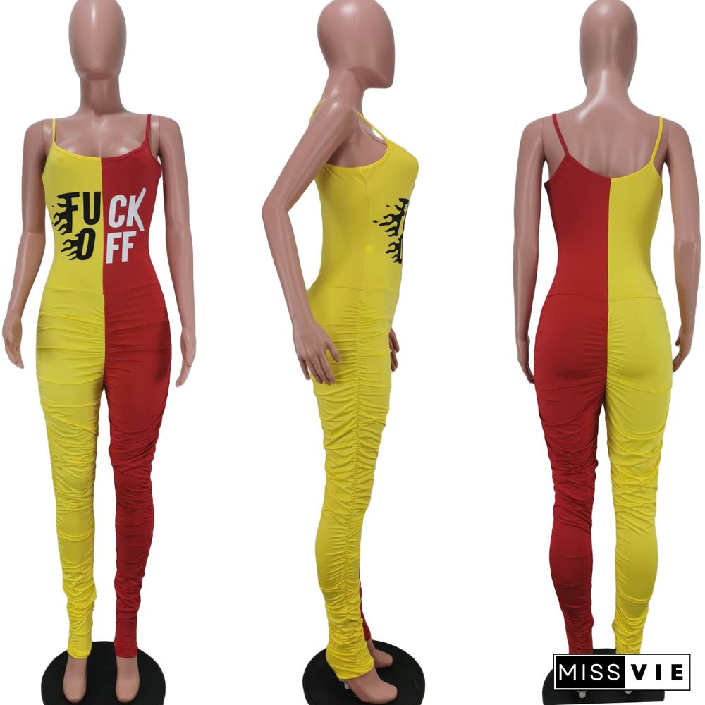 Color Block Letter Print Sleeveless Bodycon Halter Jumpsuits