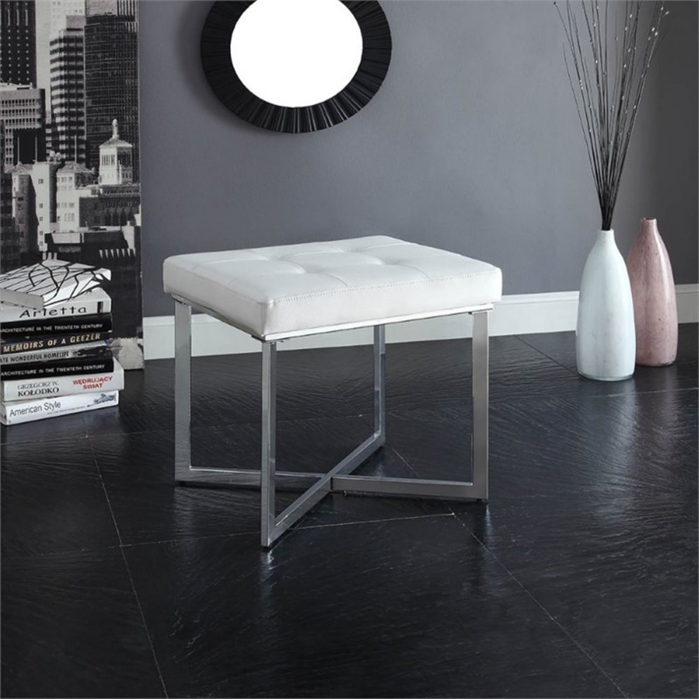 Pemberly Row Modern Faux Leather Summer Vanity Bench White/Chrome   Contemporary   Vanity Stools And Benches   by Homesquare  Houzz