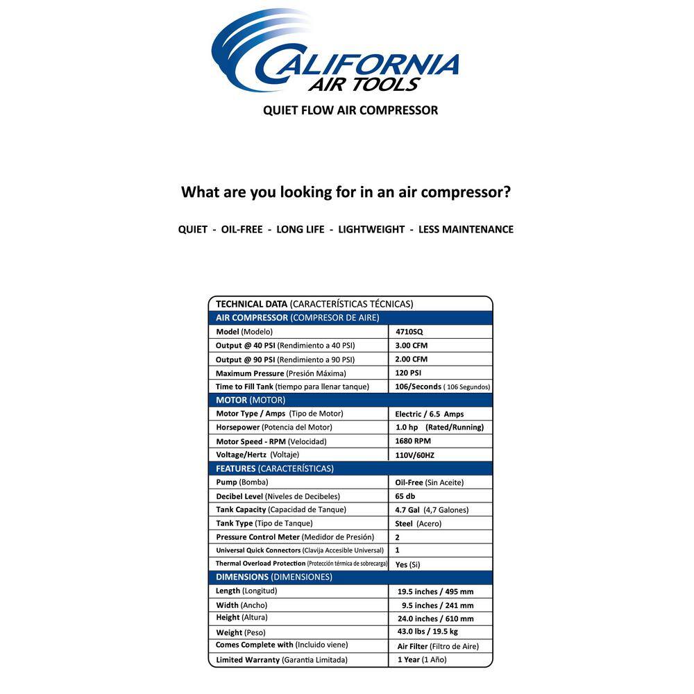 California Air Tools Quiet Flow 4.7 Gal. 1.0 HP Portable Electric Oil-Free Air Compressor 4710SQ