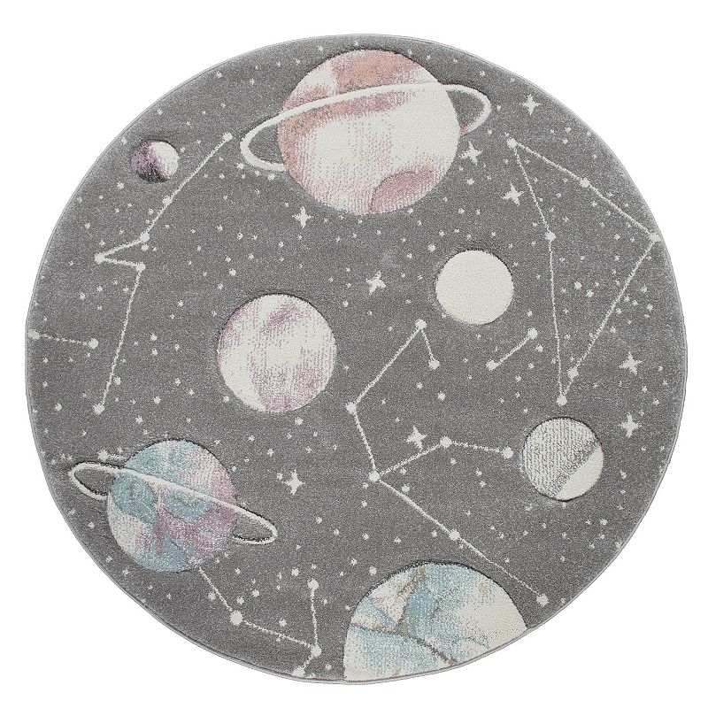 Space Rug for Kids Colorful Galaxy with Planets and Stars in Grey