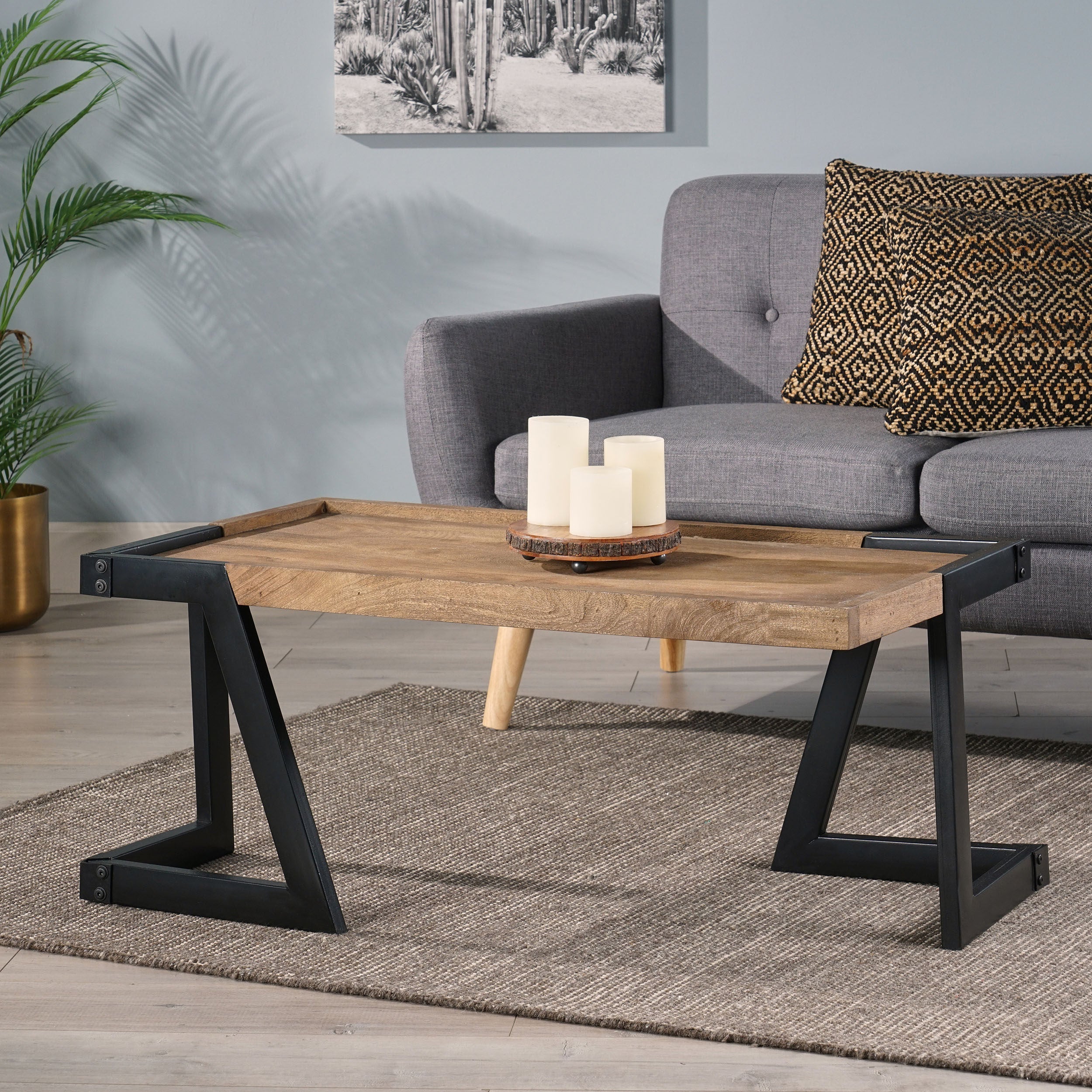 Sula Modern Industrial Handcrafted Mango Wood Coffee Table, Dark Brown and Black