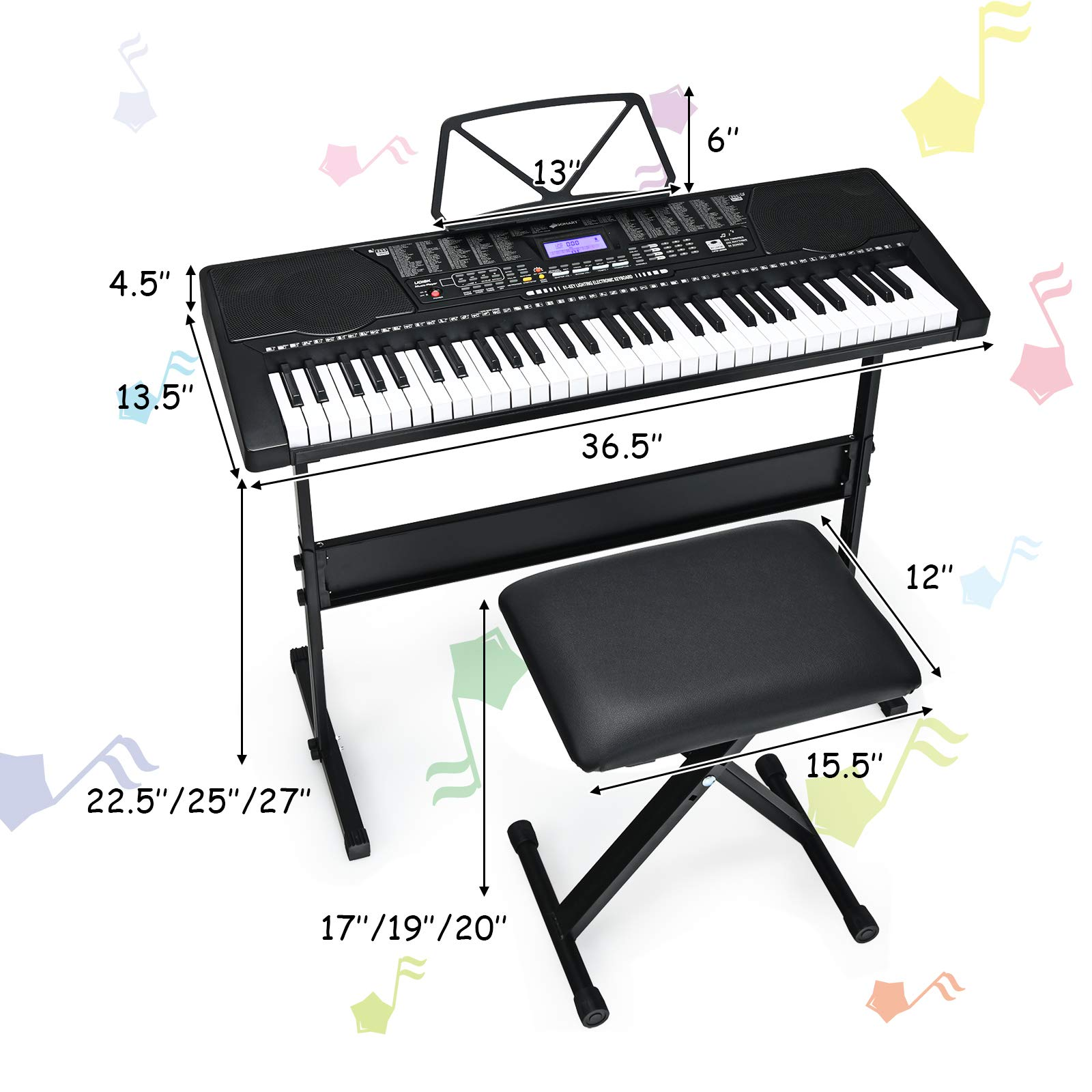 Costzon 61-Key Electronic Keyboard Piano w/Lighted Keys, Built-in Speakers, Recorder, 255 Timbres/Rhythms, 3 Teaching Modes (Black)