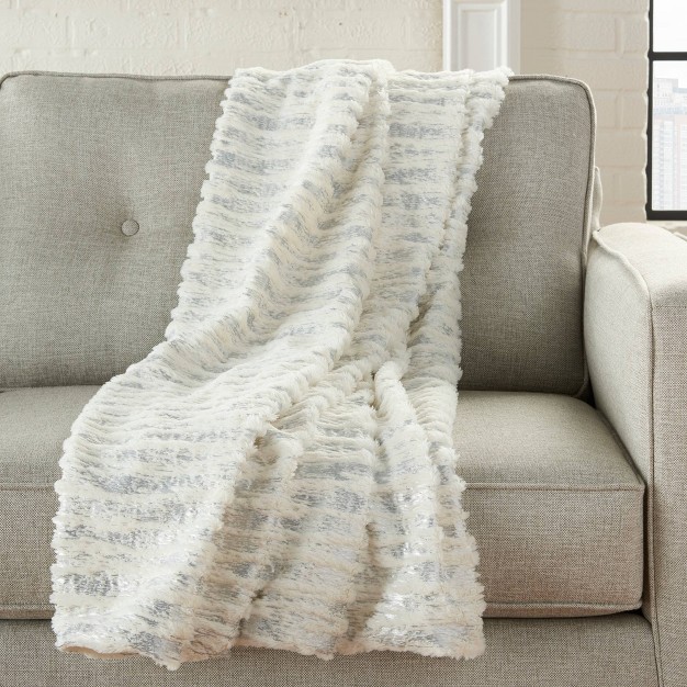 Foil Striped Faux Fur Throw Blanket Ivory silver Mina Victory