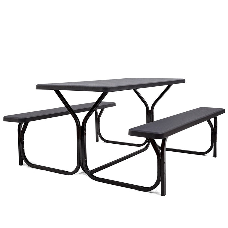 Outdoor Picnic Table Bench Set, All-Weather Dining Table Set, Metal Base Wood-Like Texture, Large Camping Table for Lawn Garden Backyard