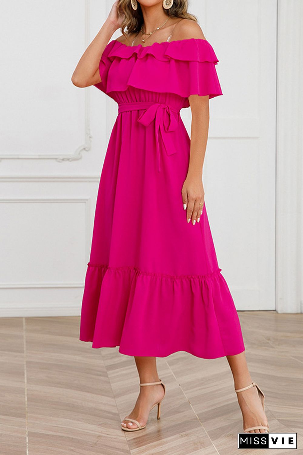 Plain Off Shoulder Ruffles Maxi Dress With Sash