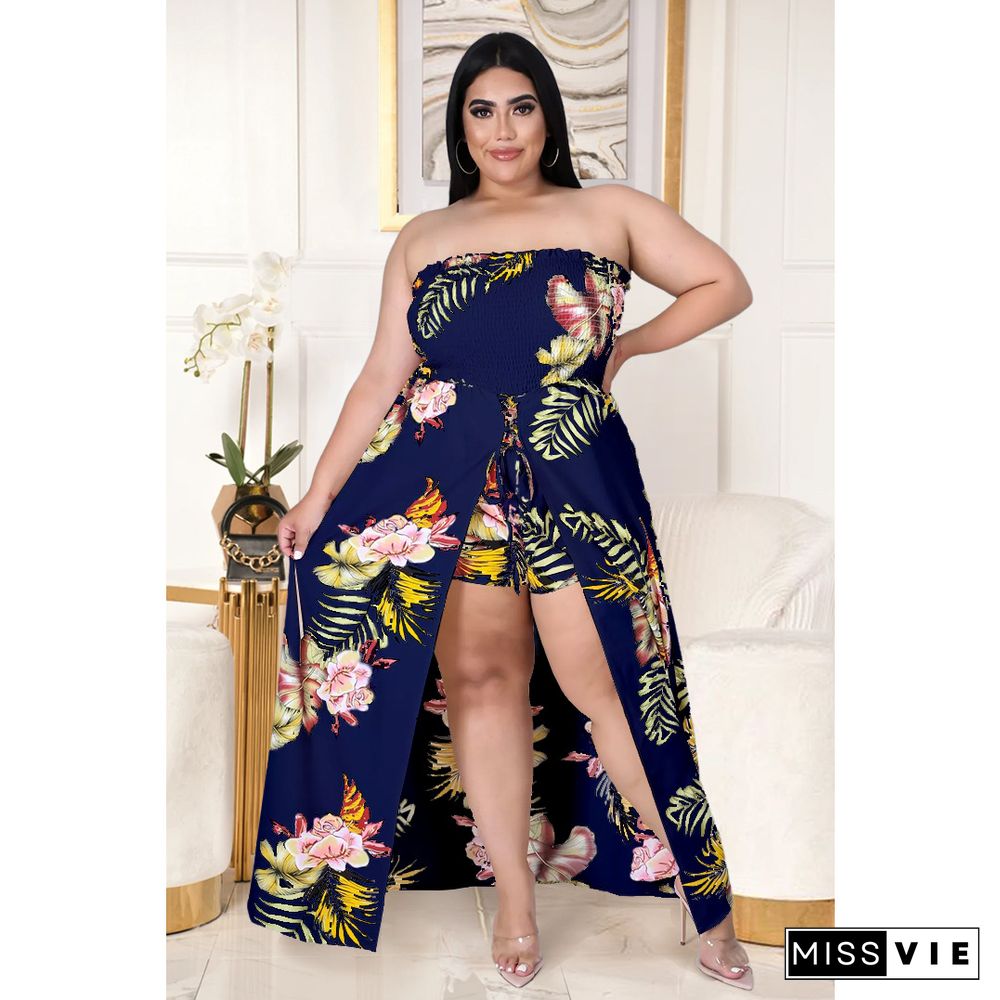 Summer Plus Size Women Clothing Floral Print Elastic Waist Beach Casual One Piece Split Jumpsuit