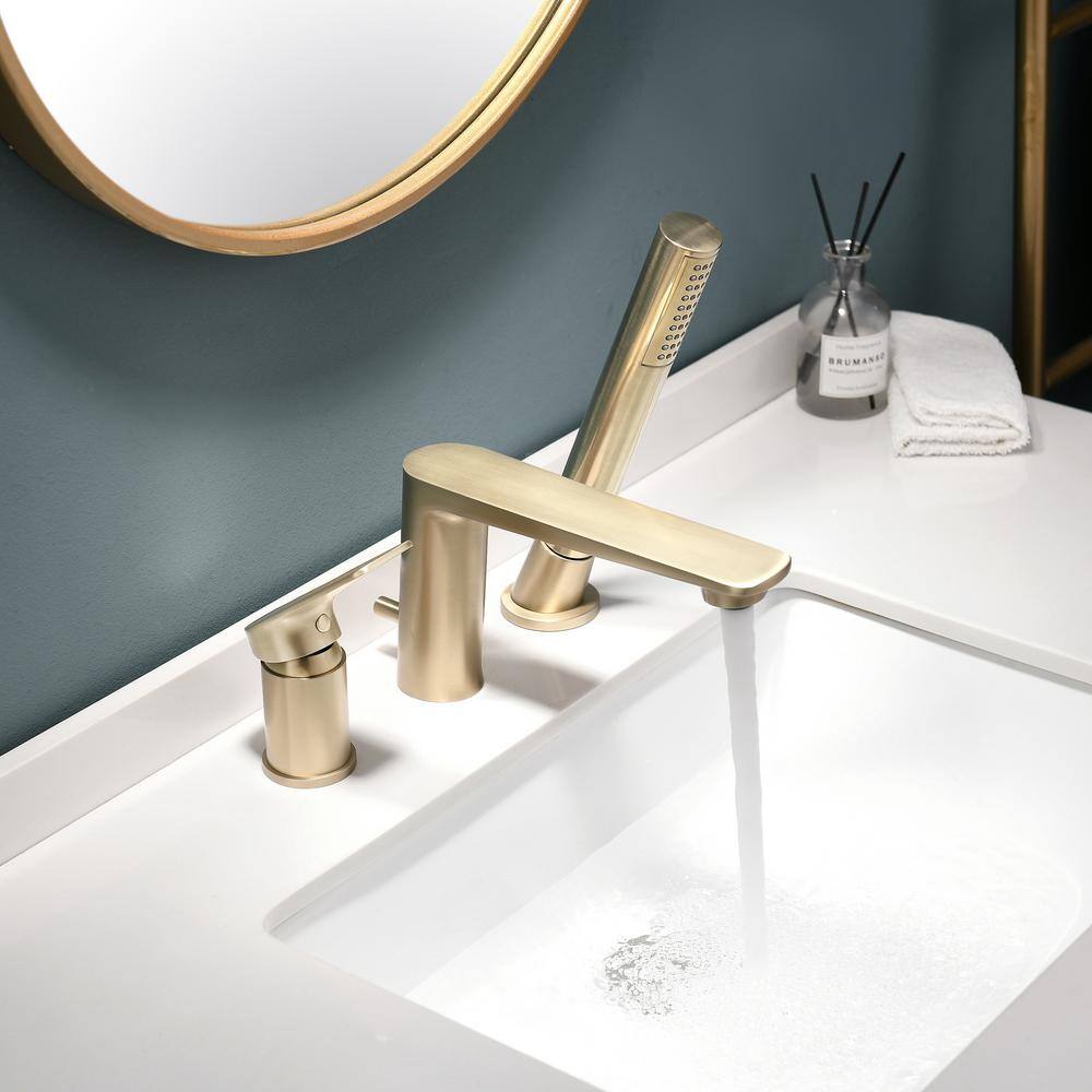 Tomfaucet Single-Handle Deck-Mount Roman Tub Faucet with Hand Shower in Brushed Gold TFB1028BG