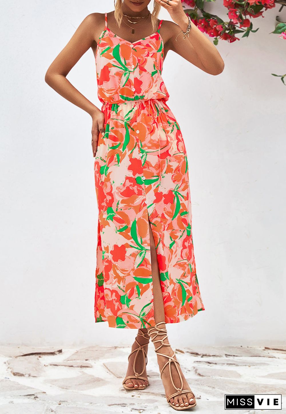 Abstract Floral Print V Neck Dress