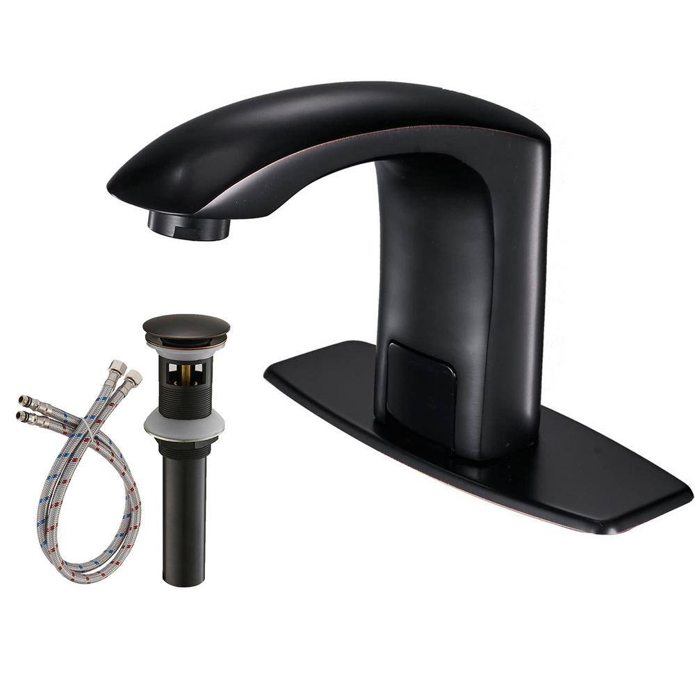 cadeninc DC Powered Commercial Touchless Single Hole Bathroom Sink Faucet with Deck Plate and Pop Up Drain in Oil Rubbed Bronze BWE-LQW1-617