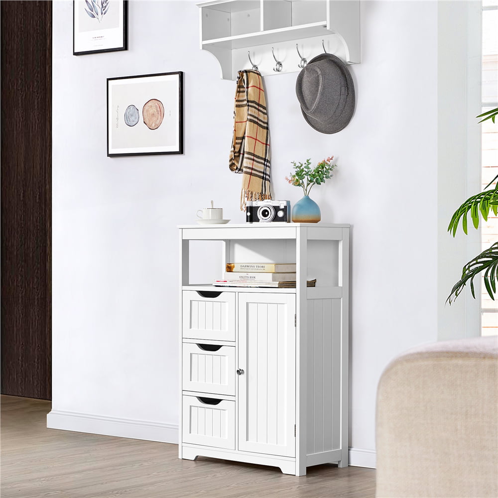 Yaheetech Wooden Bathroom Floor Cabinet Storage Organizer W/ Drawers, White