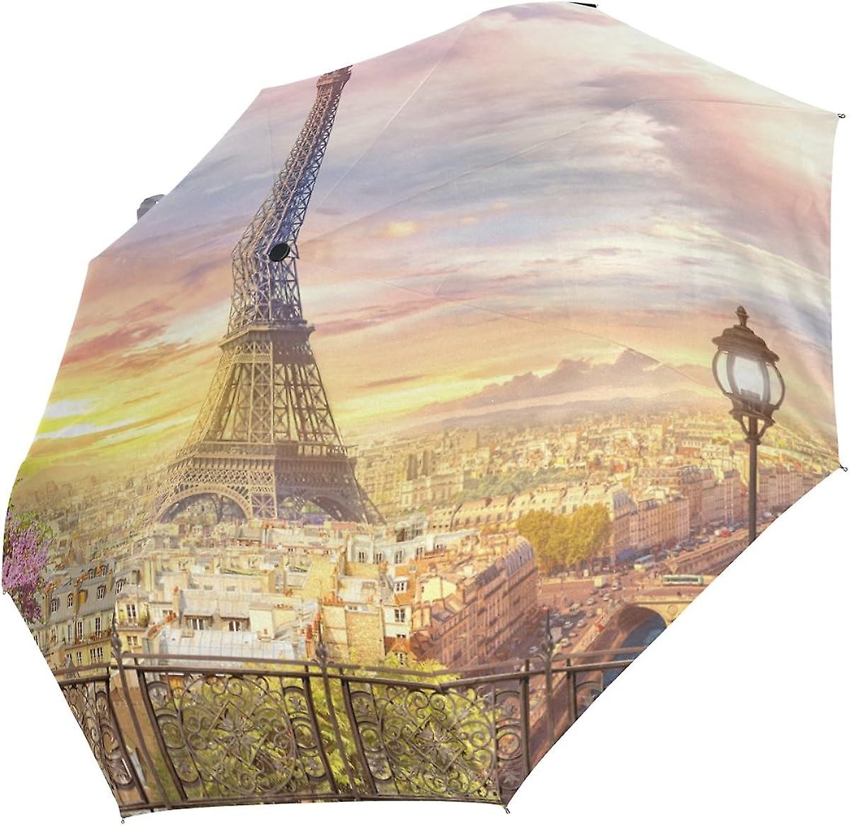 Rain Umbrella Automatic Windproof Foldable Umbrella Eiffel Tower Sunset