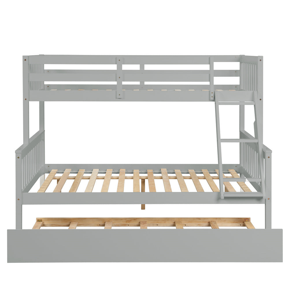 Twin Over Full Bunk Bed with Trundle, Wood Bed Frame with Ladder and Safety Rails for Kids, Teens, Adults, Gray