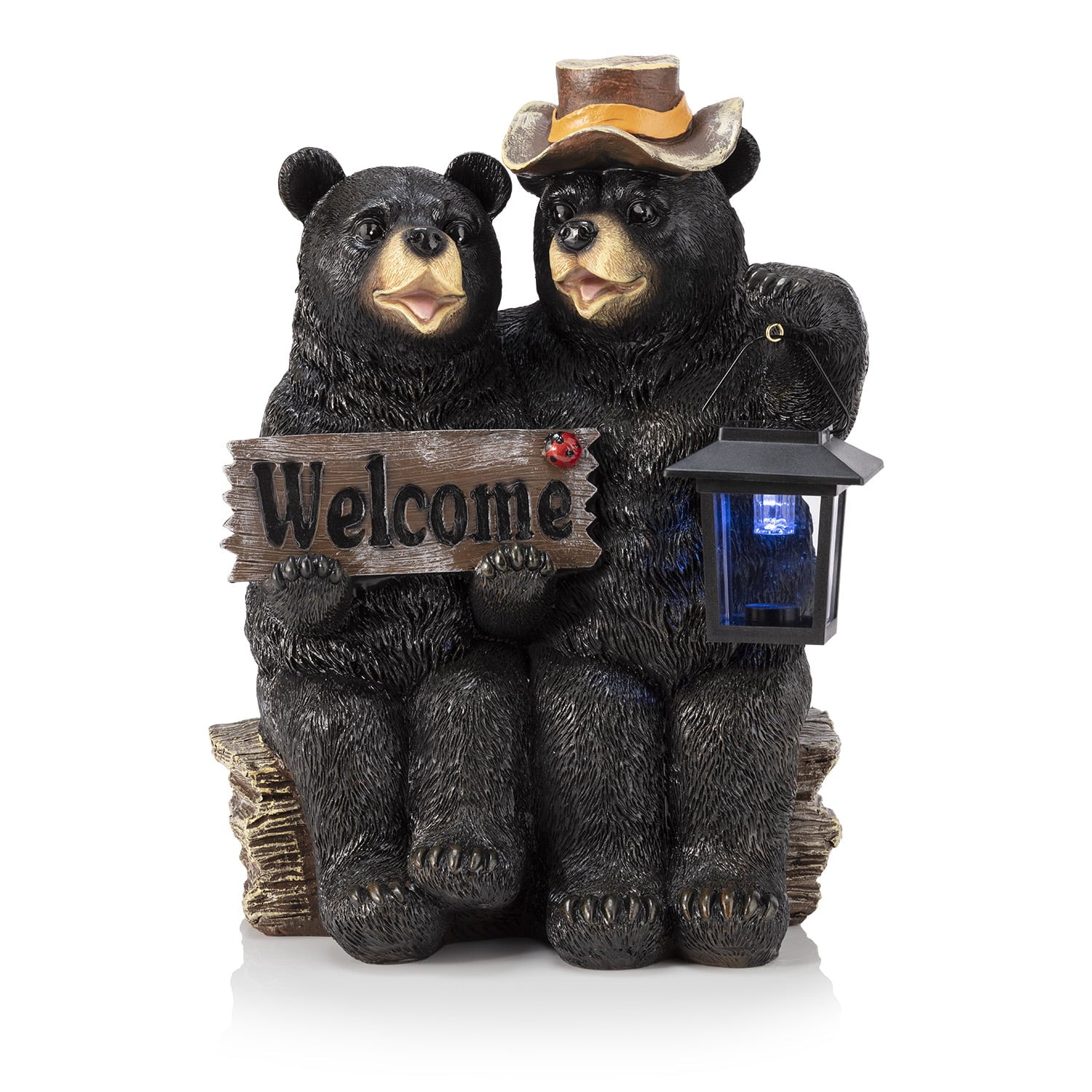 Alpine Corporation Bear Couple with Lantern and Welcome Sign Statue with Solar LED Lights