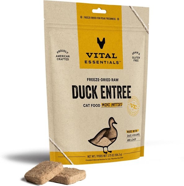 Vital Essentials Duck Entree Cat Food Mini Patties Grain-Free Freeze-Dried Raw Cat Food， 3.75-oz bag