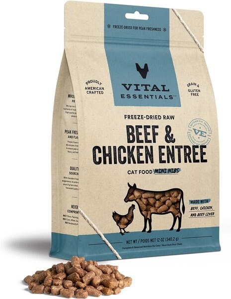 Vital Essentials Beef and Chicken Entree Cat Food Mini Nibs Grain-Free Freeze-Dried Raw Cat Food， 12-oz bag