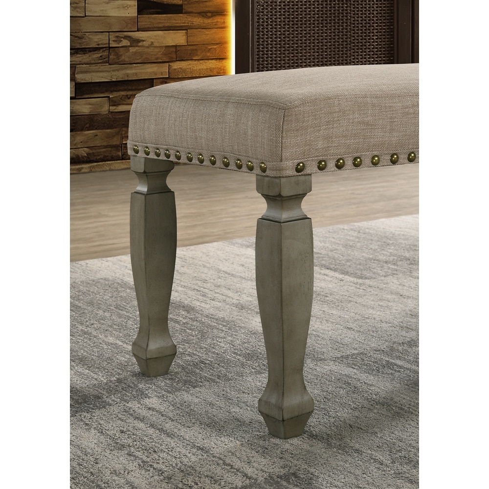 Roundhill Furniture Breda Antique Gray Finish Upholstered Nailhead Bench   N/A