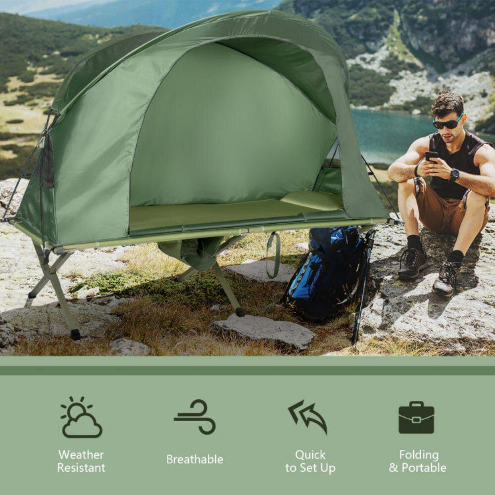 Alpulon 1-Person Green Outdoor Folding Camping Tent Cot Elevated Compact Tent with External Cover ZMWV477