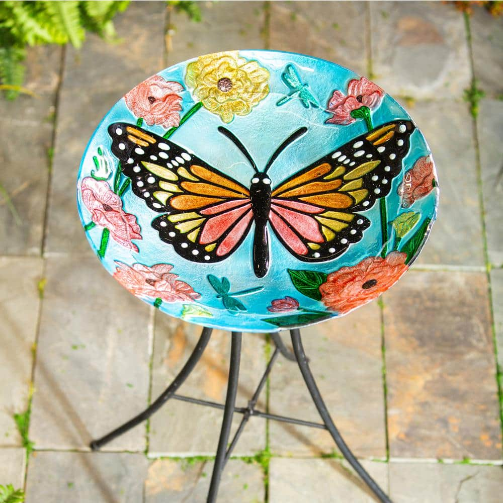 Evergreen 18 in. Butterfly Glitter Hand Painted and Embossed Glass Bird Bath 2GB6961