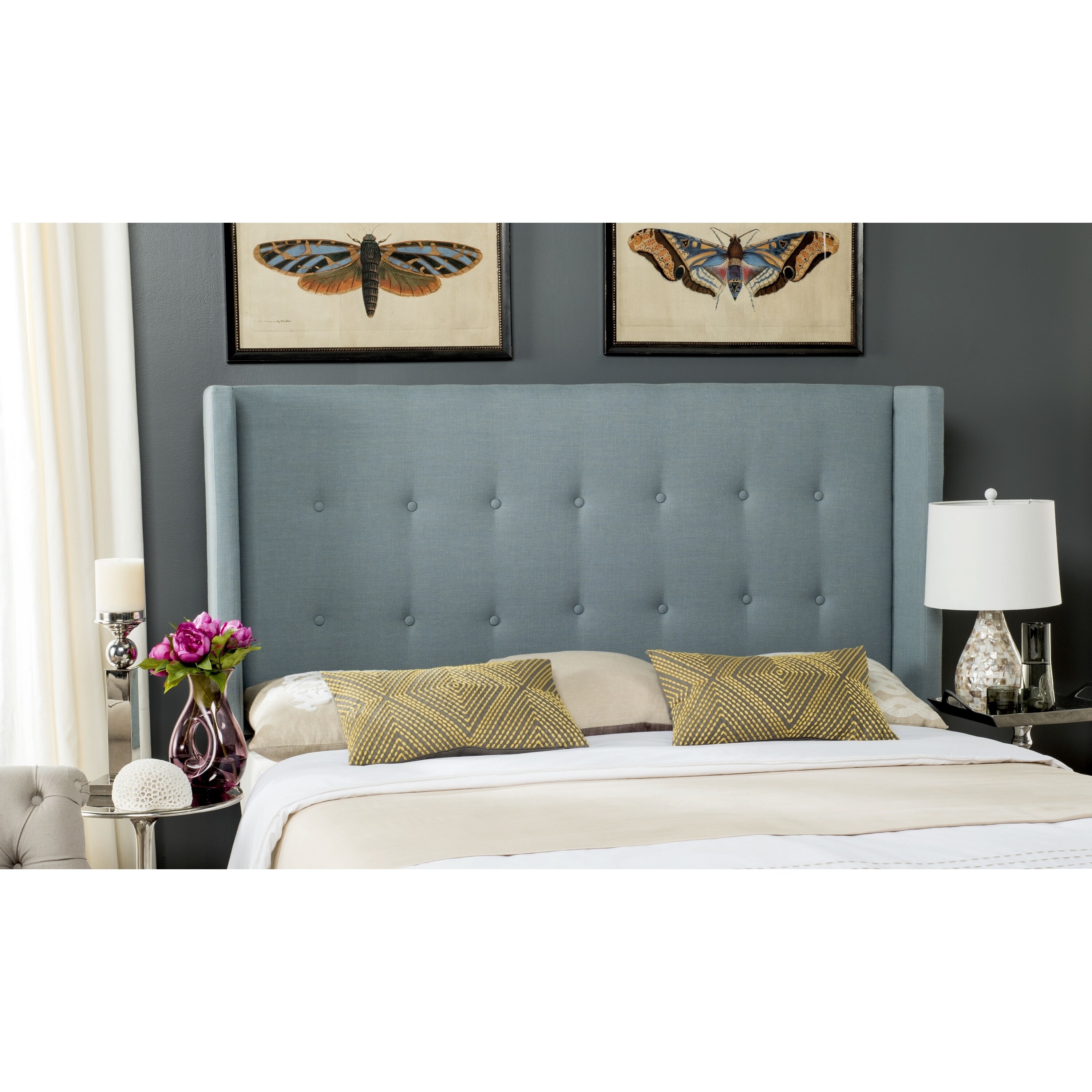 SAFAVIEH Damon Sky Blue Upholstered Tufted Wingback Headboard (Full) - - 11098672