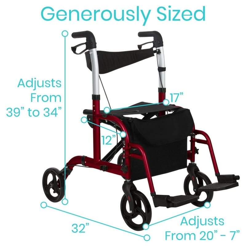 Vive Health Lightweight Folding Wheelchair Rollator - Height Adjustable, 300Lbs Weight Capacity, w/ Storage Bag