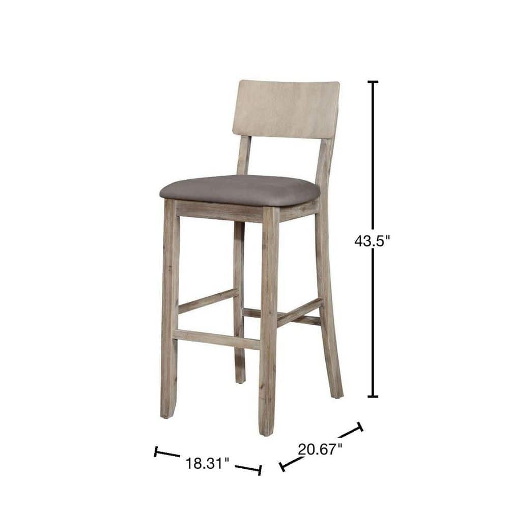 Benjara 43.5 in. H Gray Washed Wooden Bar Stool with Curved Backrest and Padded Seat BM143905