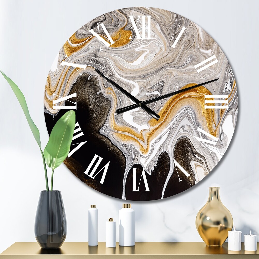 Designart 'Black And White Liquid Marble Waves IV' Modern wall clock