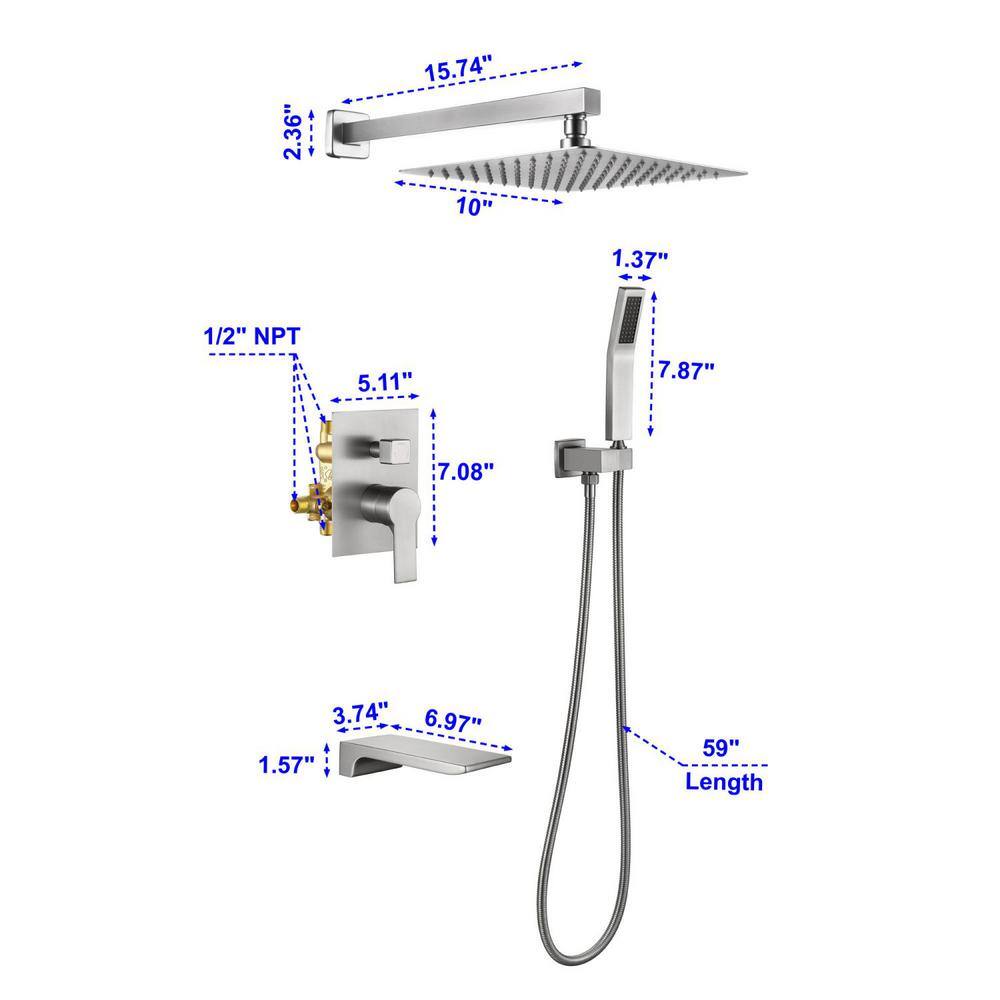 Satico Single Handle 1-Spray Tub and Shower Faucet Handheld Shower Combo with 10 in. Shower Head in Brushed Nickel SS88002DA