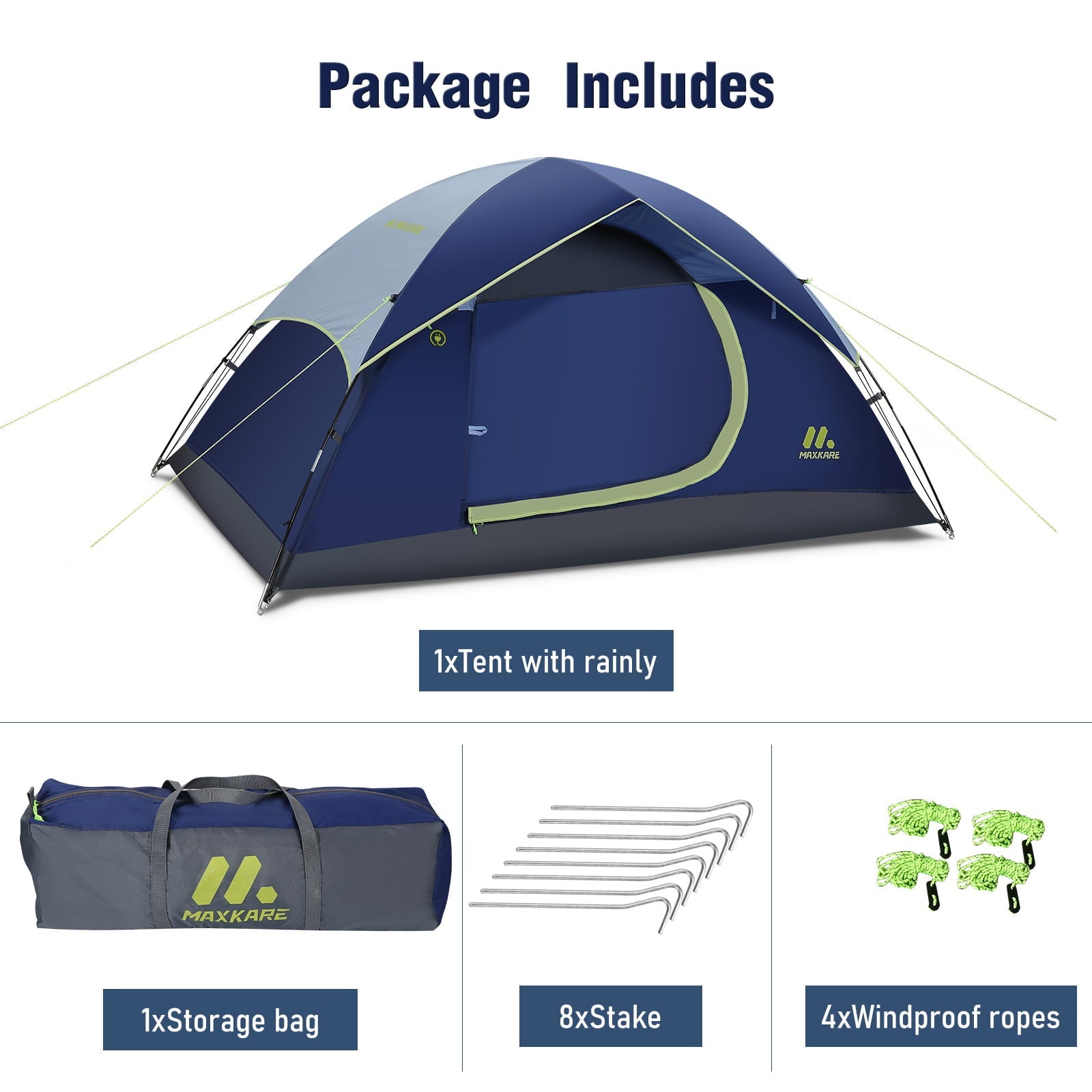 MaxKare 2 Person Camp Tent, Waterproof Easy Set up Dome Tent for Camping, Backpacking & Hiking, Fishing Outdoor - Blue