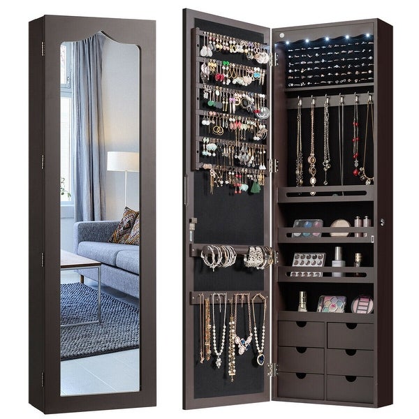 5 LEDs Lockable Mirror Jewelry Cabinet Armoire with 6 Drawers - 14.5