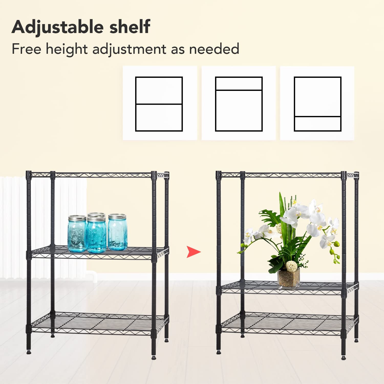 NiamVelo 3 Tier Shelf Storage Rack Metal Wire Shelving Unit Steel Short Shelves for Storage, Adjustable Shelf Metro Shelving 450lbs Capacity for Kitchen Garage, 23Lx13.2Wx30.2H, Black