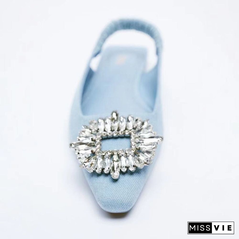 Shoes Summer Sandals Women Shoes Blue Denim Fabric Flat Sandals Casual Mules Rhinestone Sequins Designer Womens Sandals