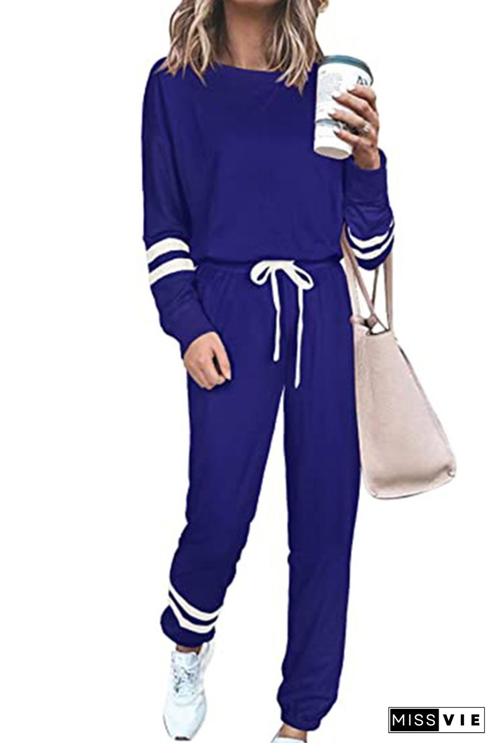 Dark Blue Round Neck Long Sleeve Two Piece Pants Set