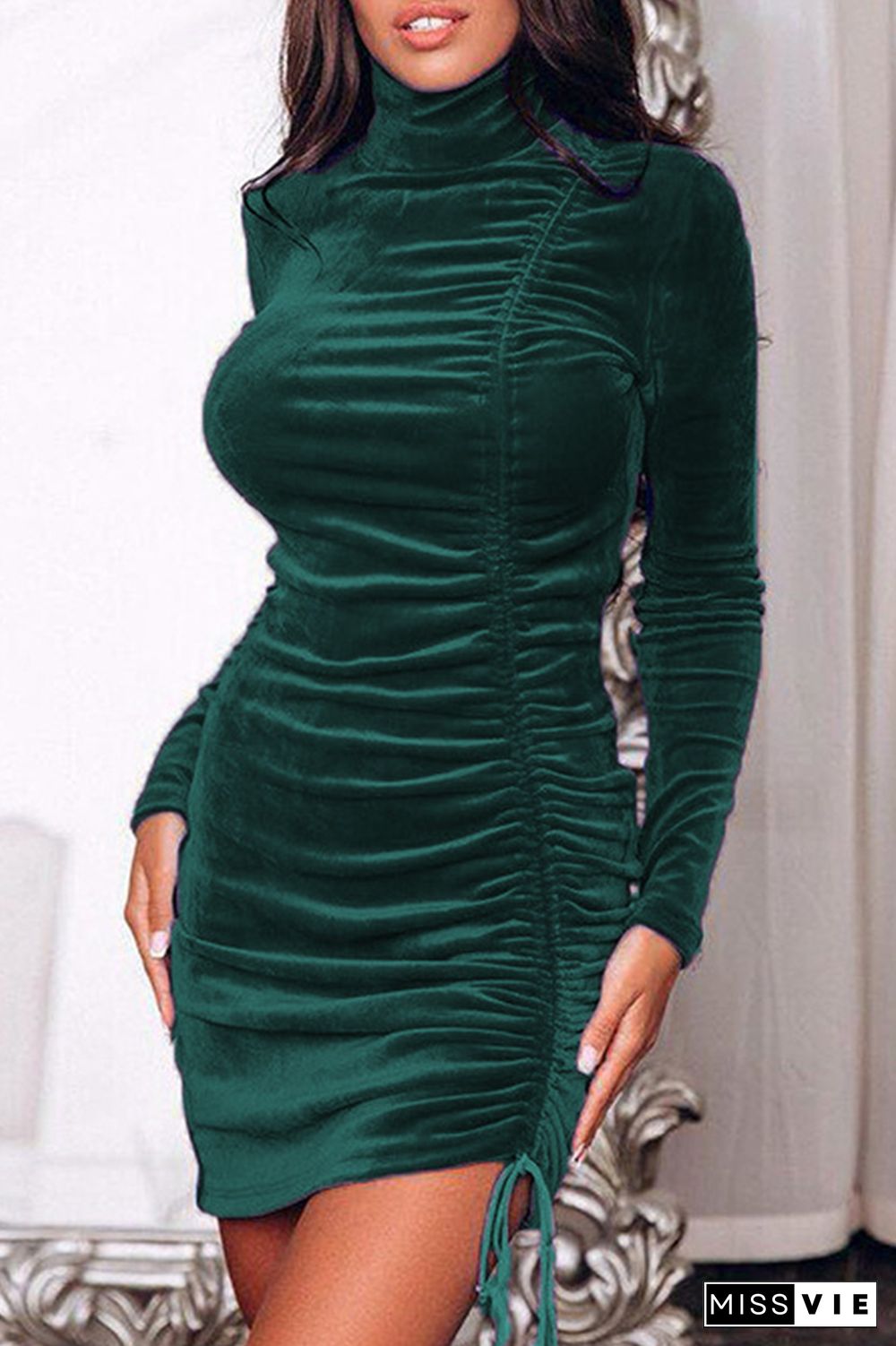 Fashion Elegant Solid Split Joint Fold Half A Turtleneck Pencil Skirt Dresses