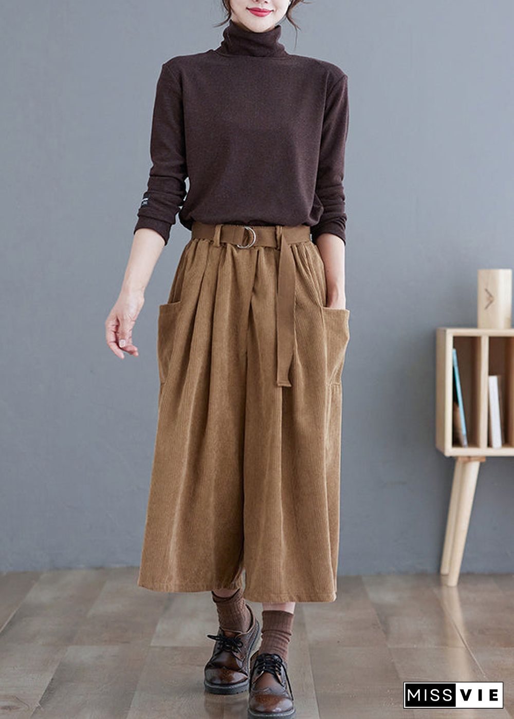 French Khaki Oversized Pockets Corduroy Pants Fall