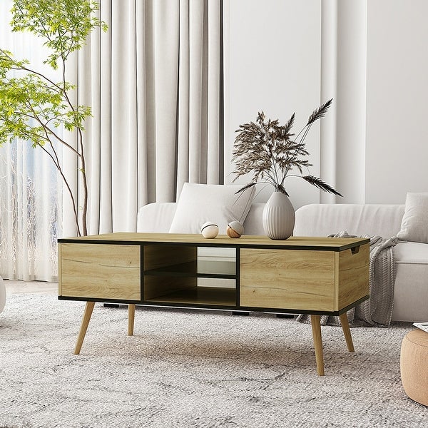 Modern Coffee Table with Drawers and Wooden Legs， Side Table Cocktain Table for Living Room