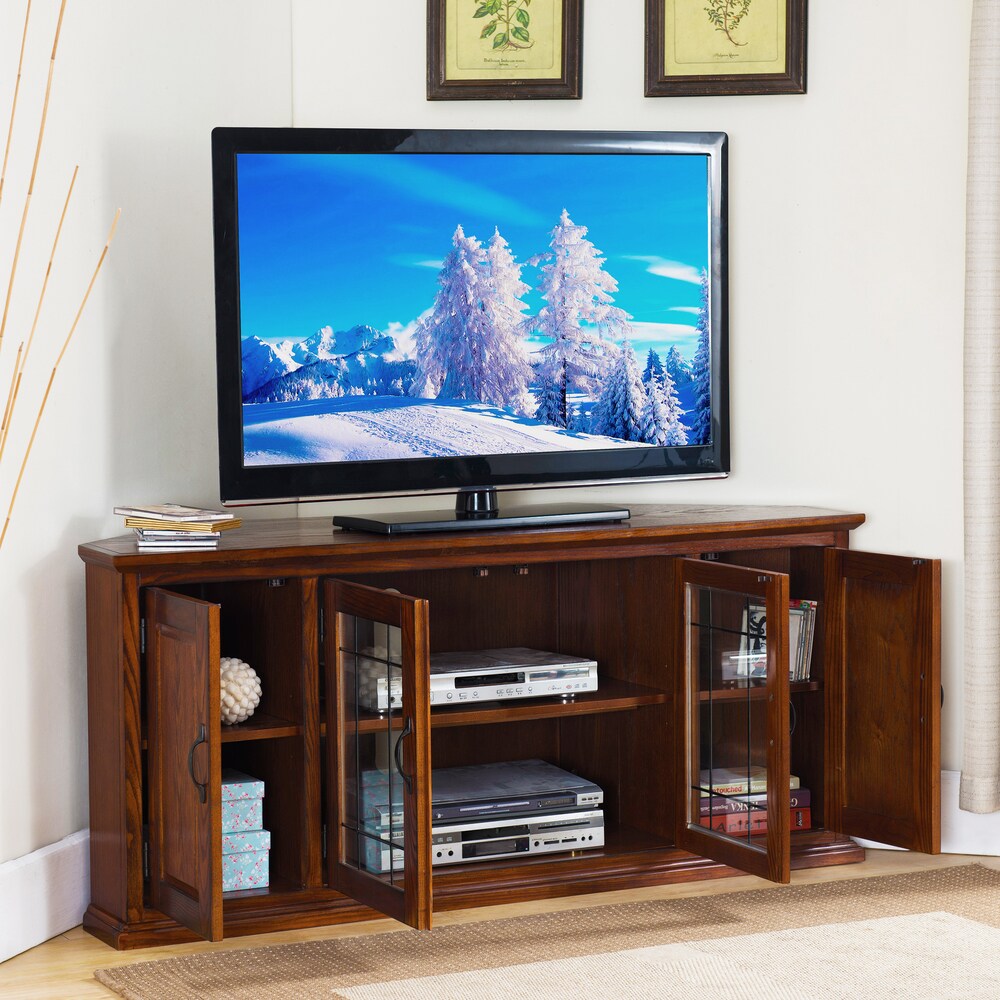 Burnished Oak finish Wood and Leaded Glass 56 inch Corner TV Stand