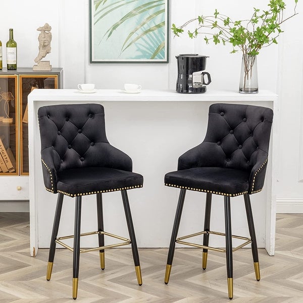 Black Velvet Upholstered Modern Barstool Tufted Living Room Home Dining Bar Kitchen Counter Island Luxurious Golden Leg Finish