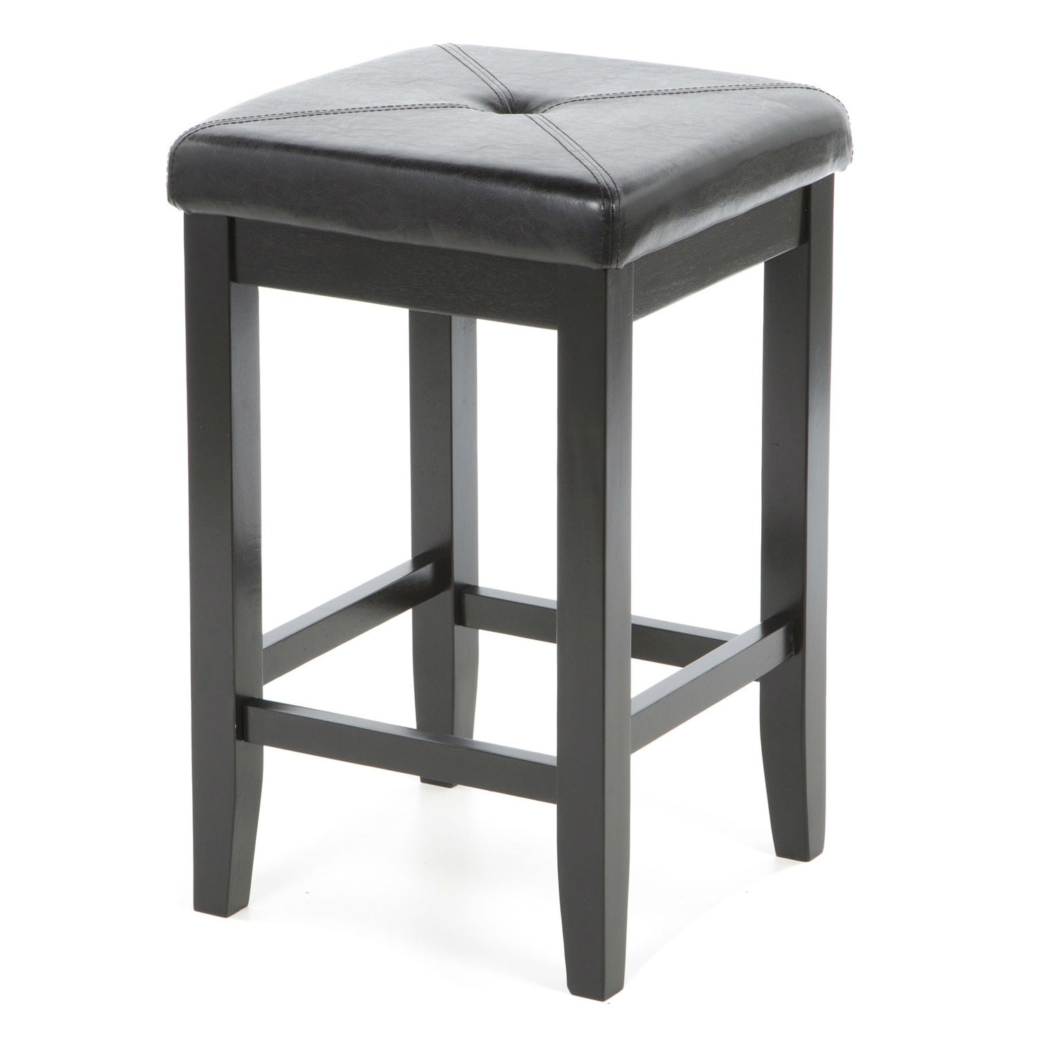 Set of 2 - Black Bar Stools 24-inch High w/ Cushion Faux Leather Seat - 24