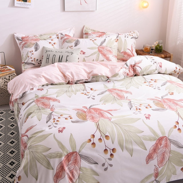 Flower Duvet Cover Bedding Set Peach Daisy Pastoral style Flat Bed Sheet