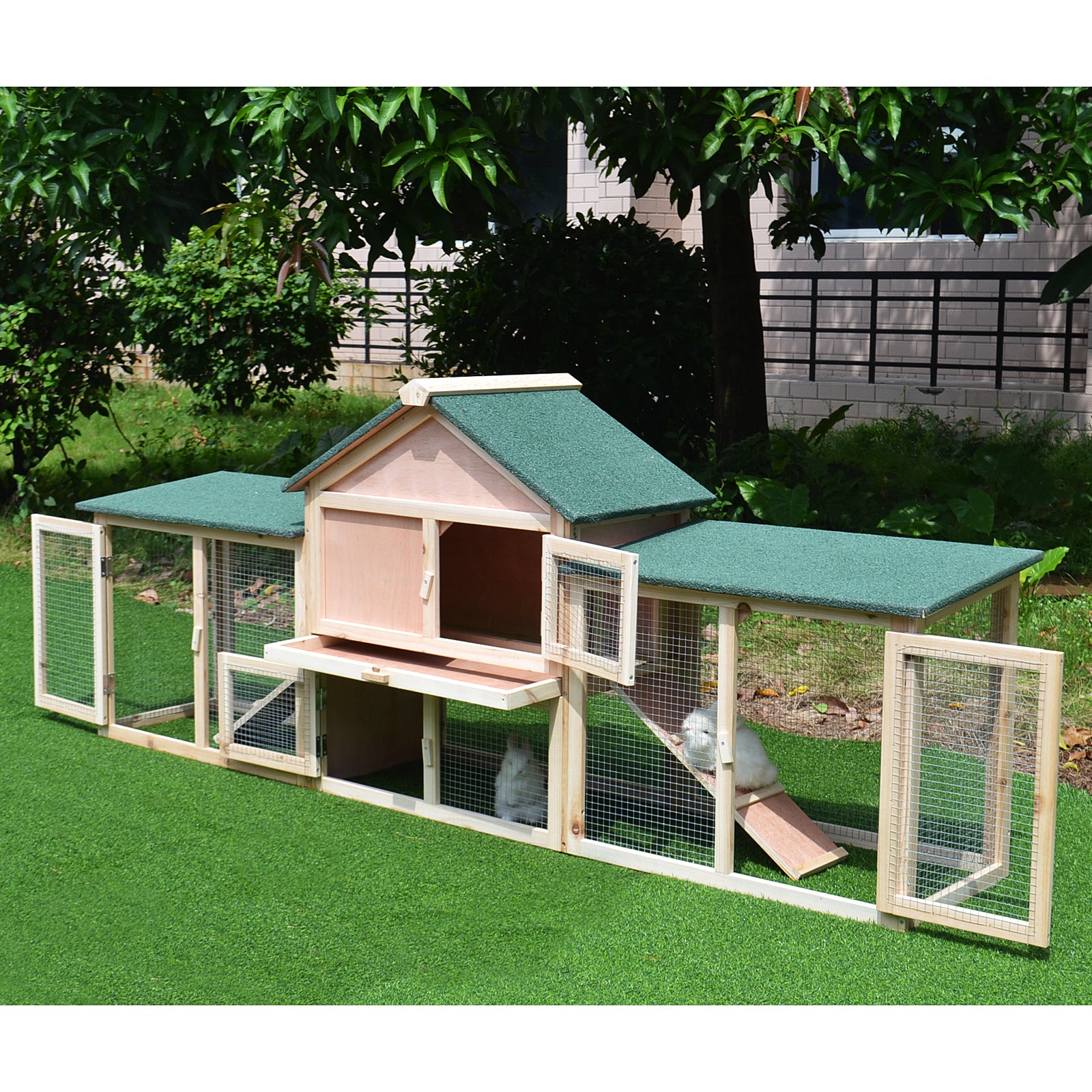 Deluxe Wooden Bunny Hutch w/ Ladder and Outdoor Run