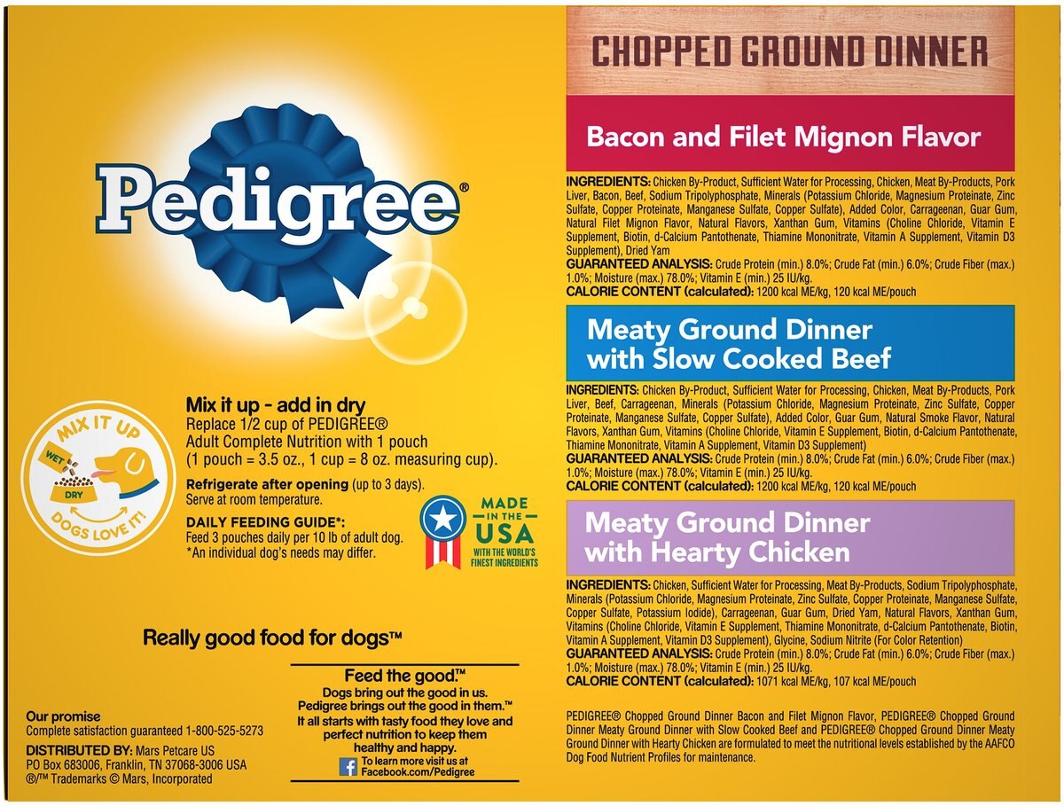 Pedigree Chopped Ground Dinner Variety Pack Chicken， Filet Mignon and Beef Wet Dog Food