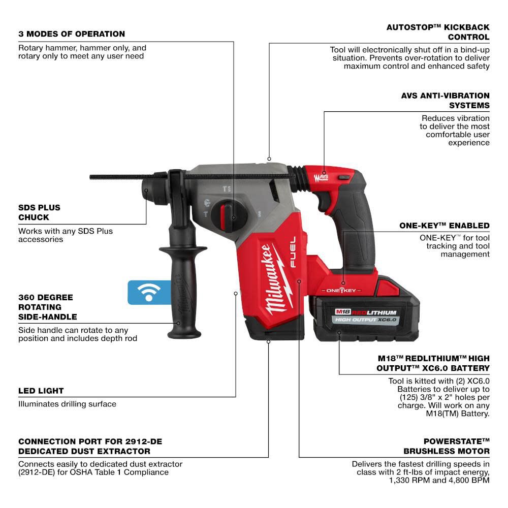 Milwaukee M18 FUEL 1" SDS Plus Rotary Hammer with ONE-KEY Dust Extractor Kit 2914-22DE from Milwaukee