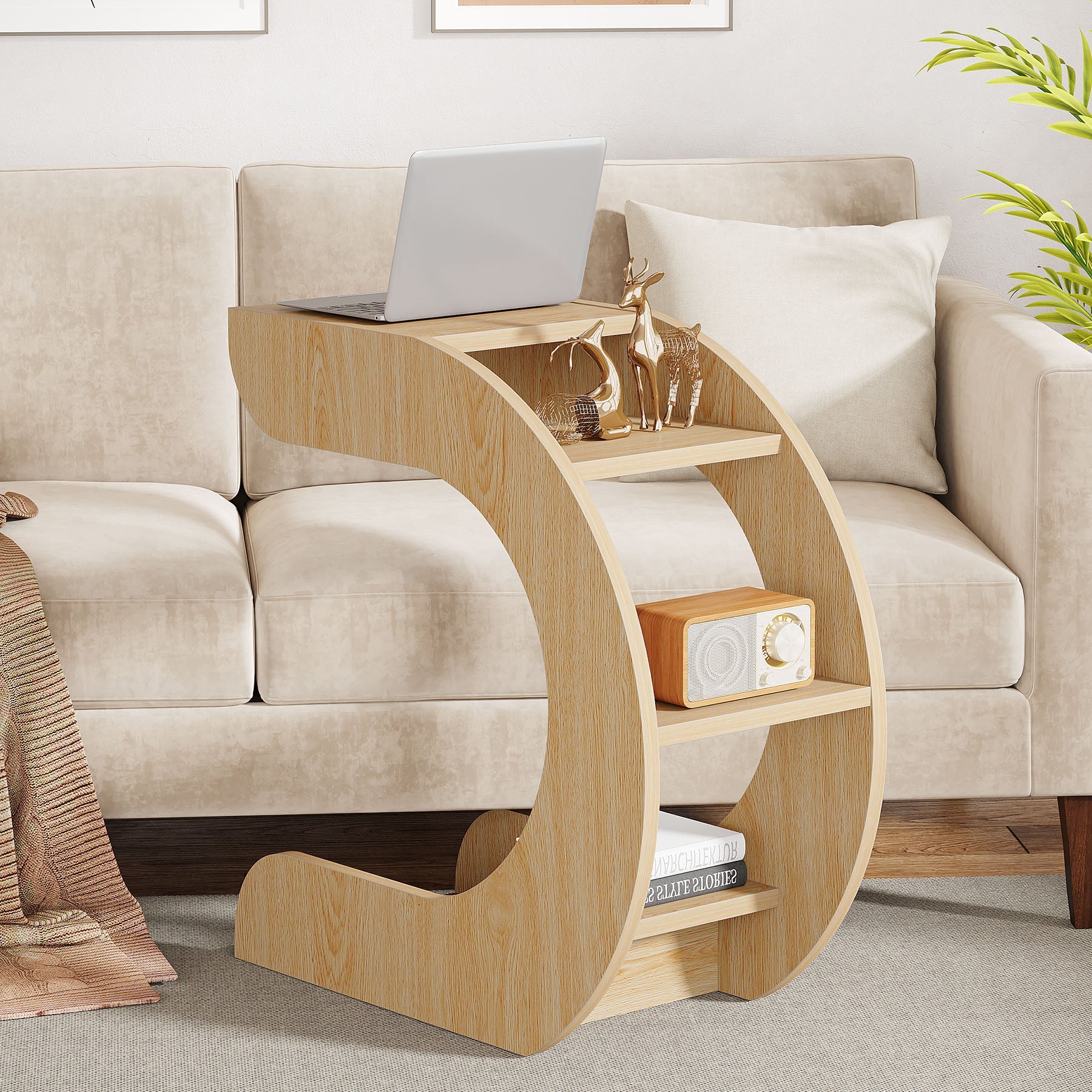 C-Shaped End Table, 4-Tier Side Tables with Storage Shelves