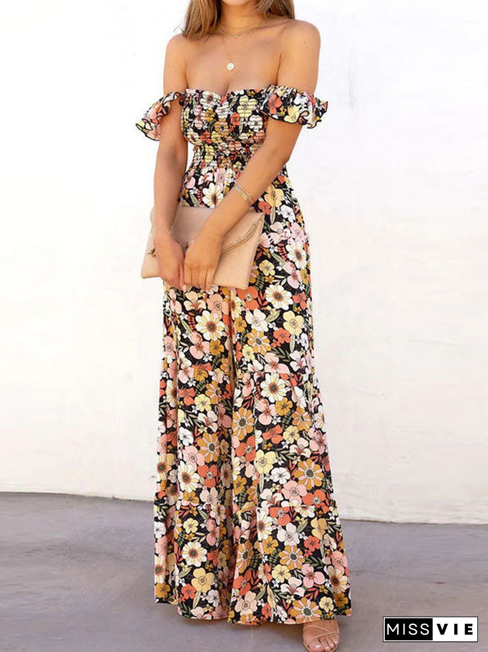 Women'S Jumpsuits Floral Print One-Shoulder Pocket Jumpsuit