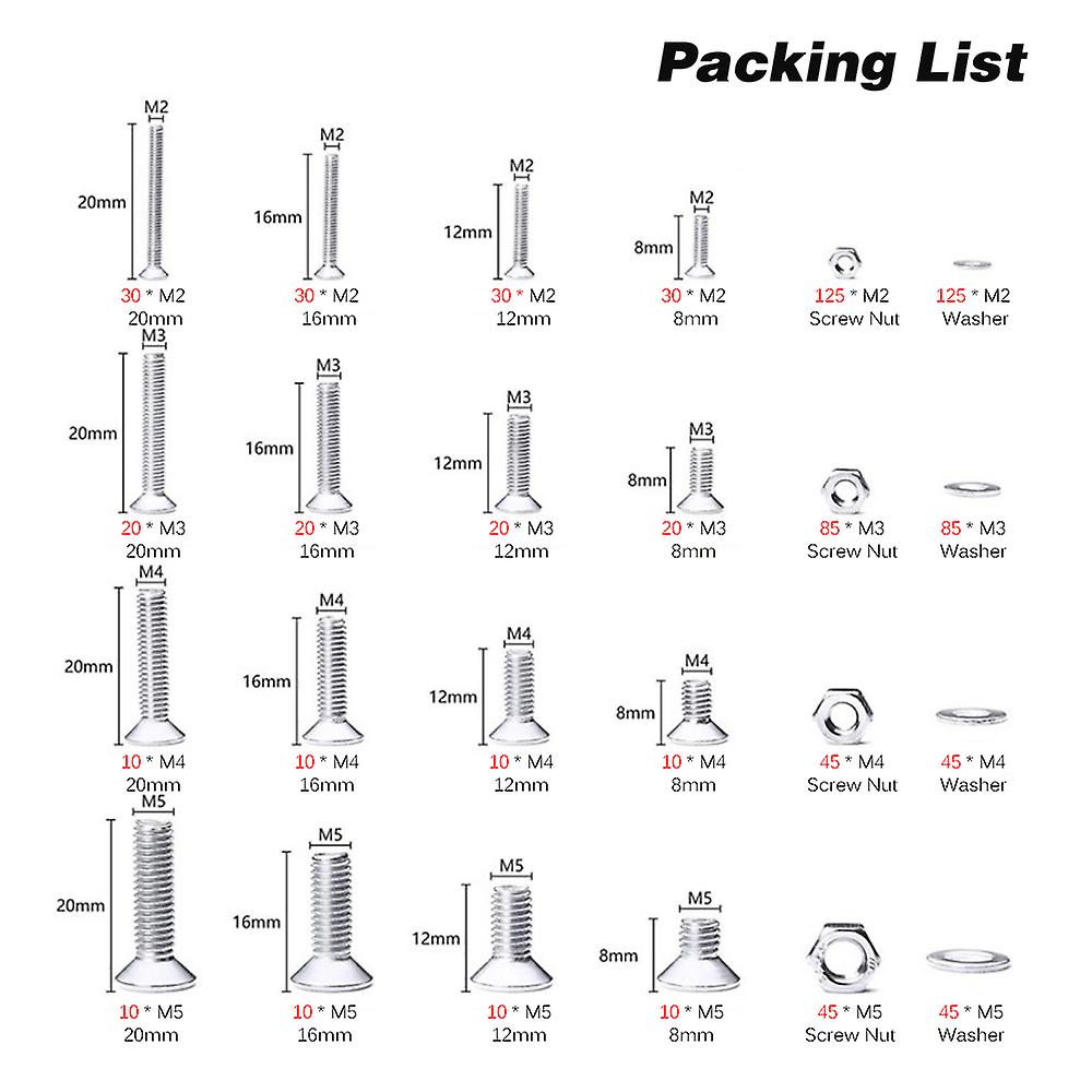 880pcs 304 Stainless Steel Countersunk Head Hexagon Combination Bolt M2 M3 M4 M5 Hexagon Nut Washer Screw Combined Kit