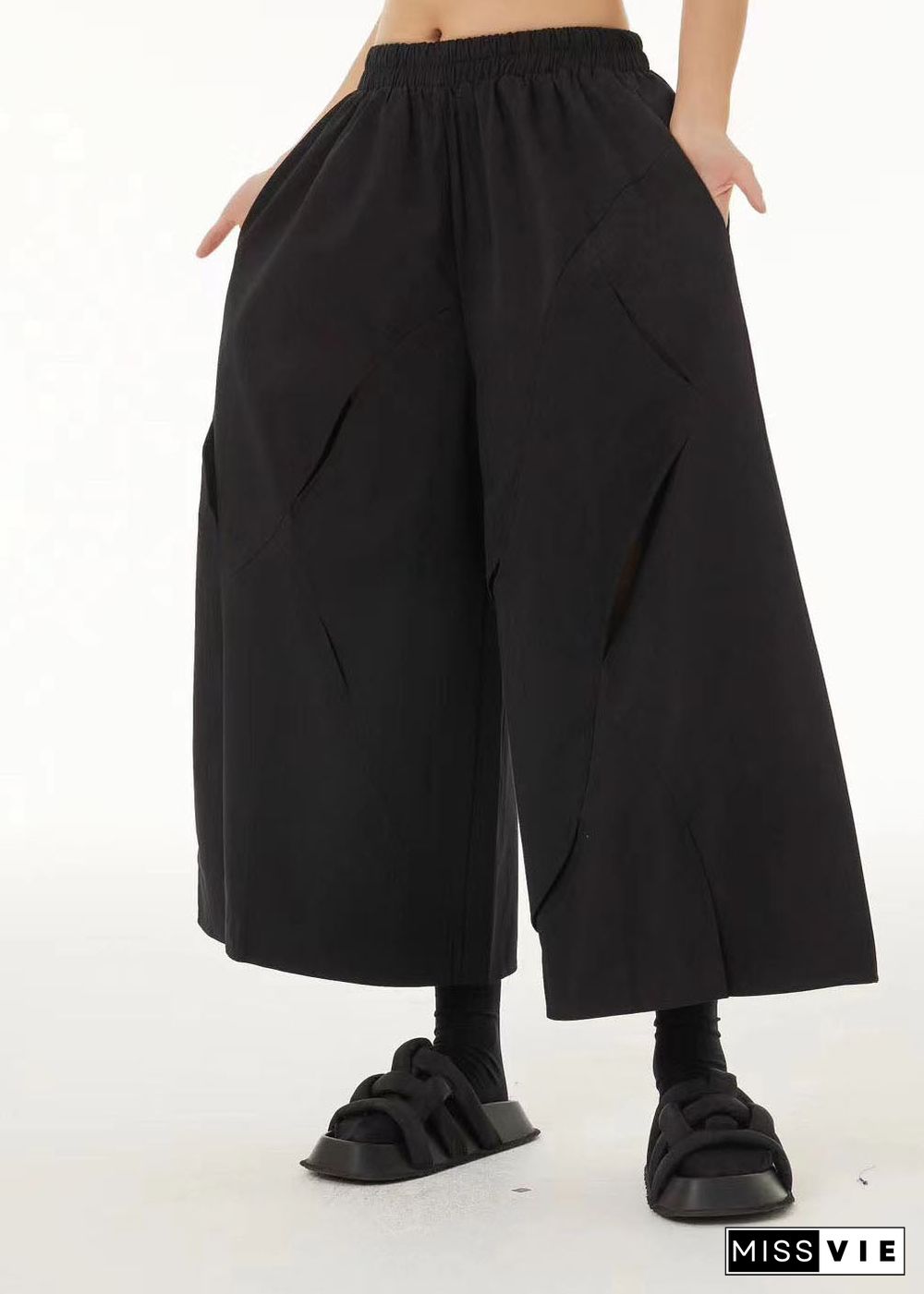 French Black Elastic Waist Ripped Cotton Wide Leg Crop Pants Summer