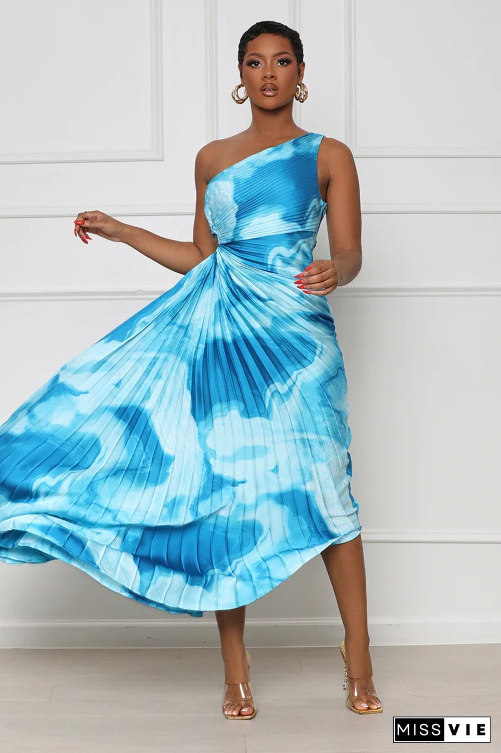 Summer New Sexy One-shoulder Print Pleated Dress