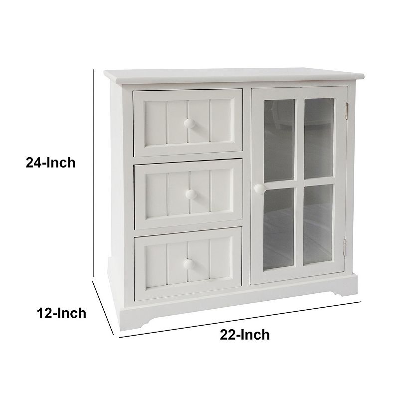 24 Inch Paulownia Wood Accent Cabinet， 3 Drawers， 1 Glass Door， White