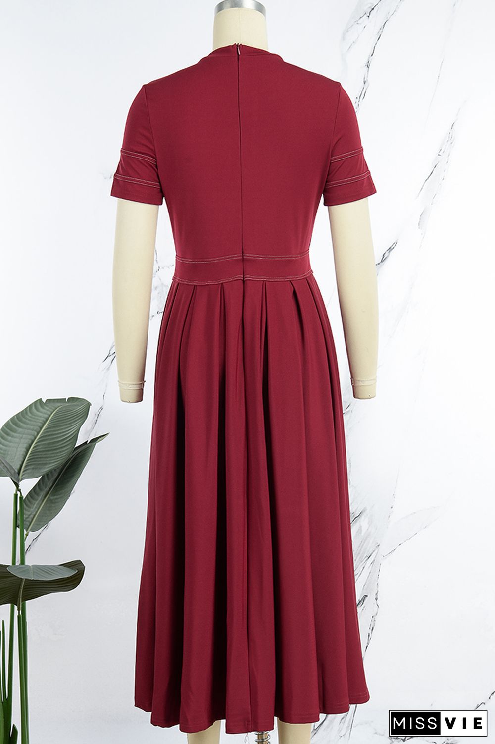 Burgundy Casual Solid Patchwork O Neck Short Sleeve Dress