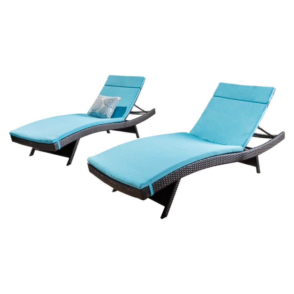 Noble House Salem MultiBrown 4Piece Wicker Outdoor Chaise Lounge with Blue Cushions